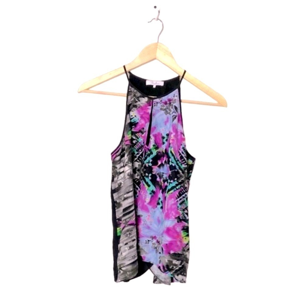 Parker Silk Halter Top Abstract Floral Geometric Print Keyhole Blouse Medium - Picture 2 of 7